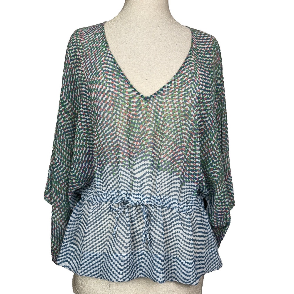 CAbi Kimono Top Womens S Multicolor Sheer Drawstring Peplum Chiffon Boho